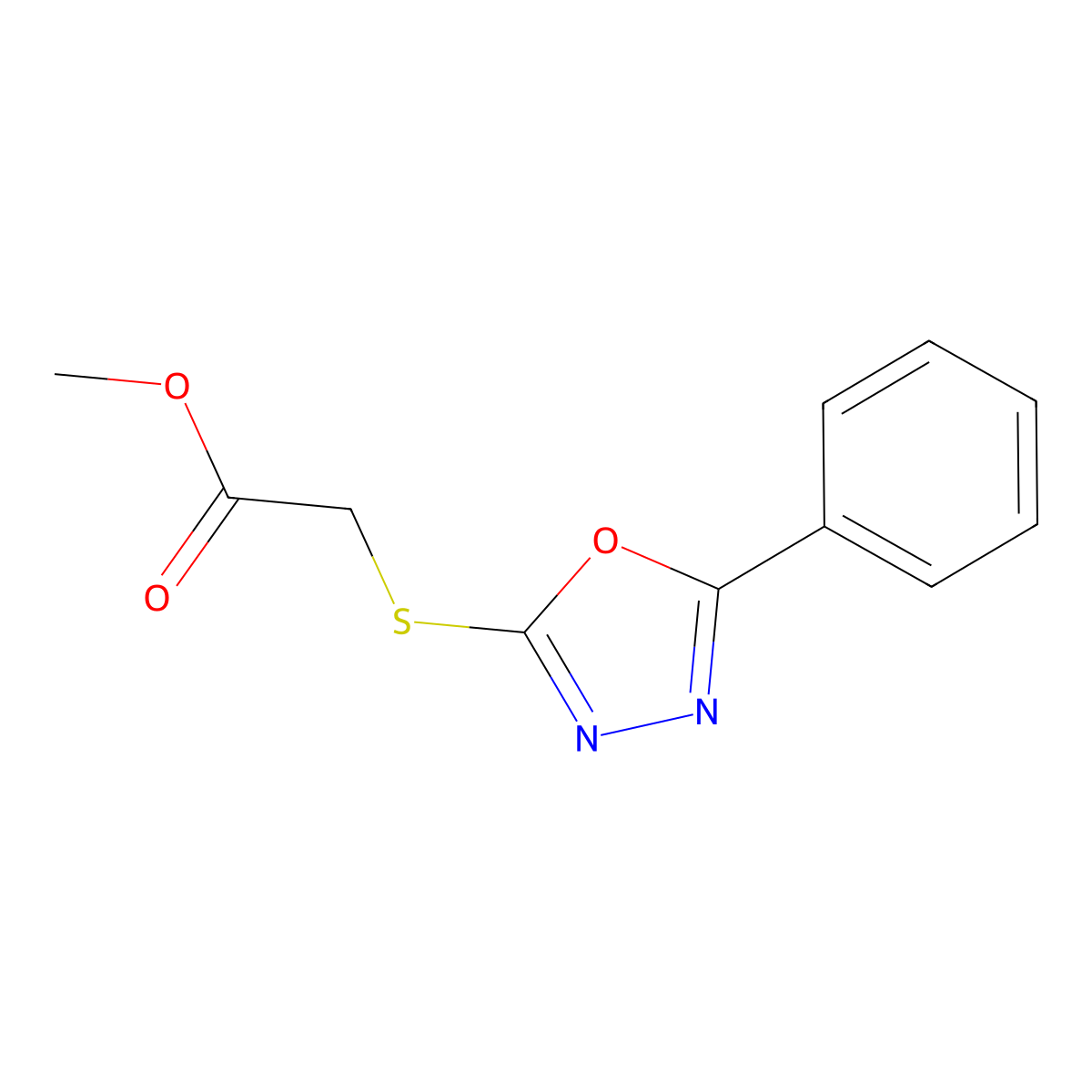 Methyl 2-((5-phenyl-1,3,4-oxadiazol-2-yl)thio)acetate molecular structure, CAS 140119-09-1