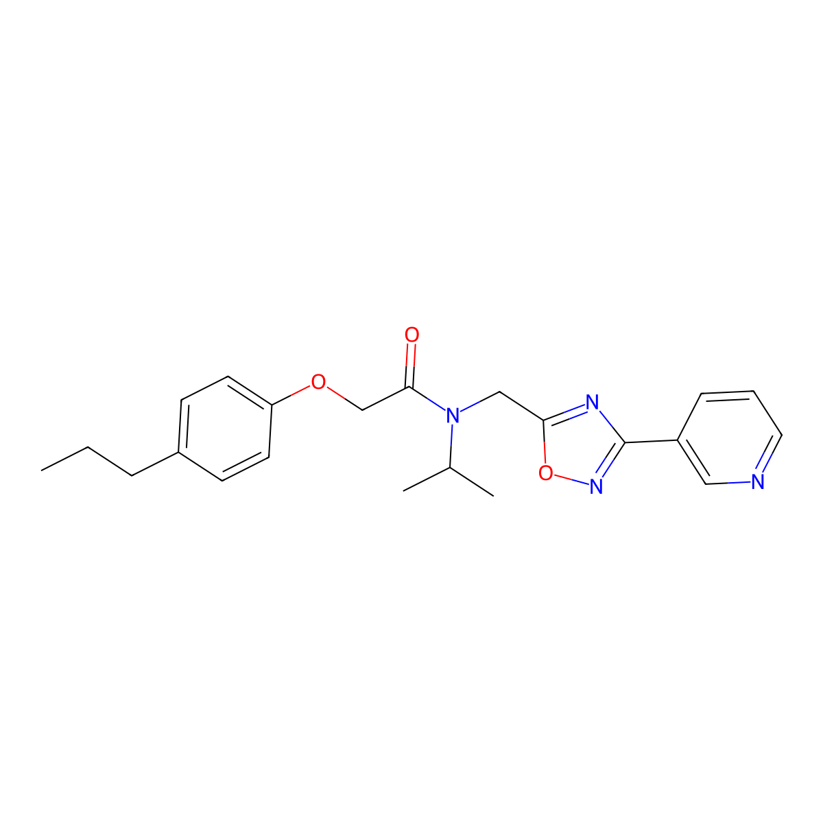 N-isopropyl-2-(4-propylphenoxy)-N-((3-(pyridin-3-yl)-1,2,4-oxadiazol-5-yl)methyl)acetamide molecular structure, CAS 1401223-22-0