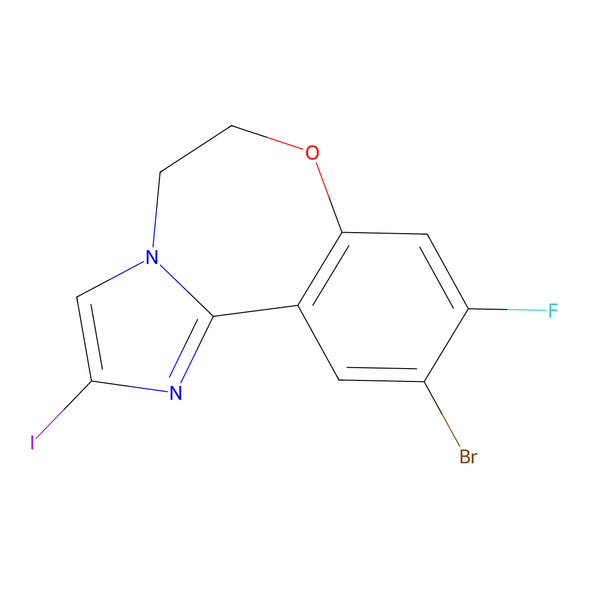 10-Bromo-9-fluoro-2-iodo-5,6-dihydrobenzo[f]imidazo[1,2-d][1,4]oxazepine molecular structure, CAS 1401305-32-5