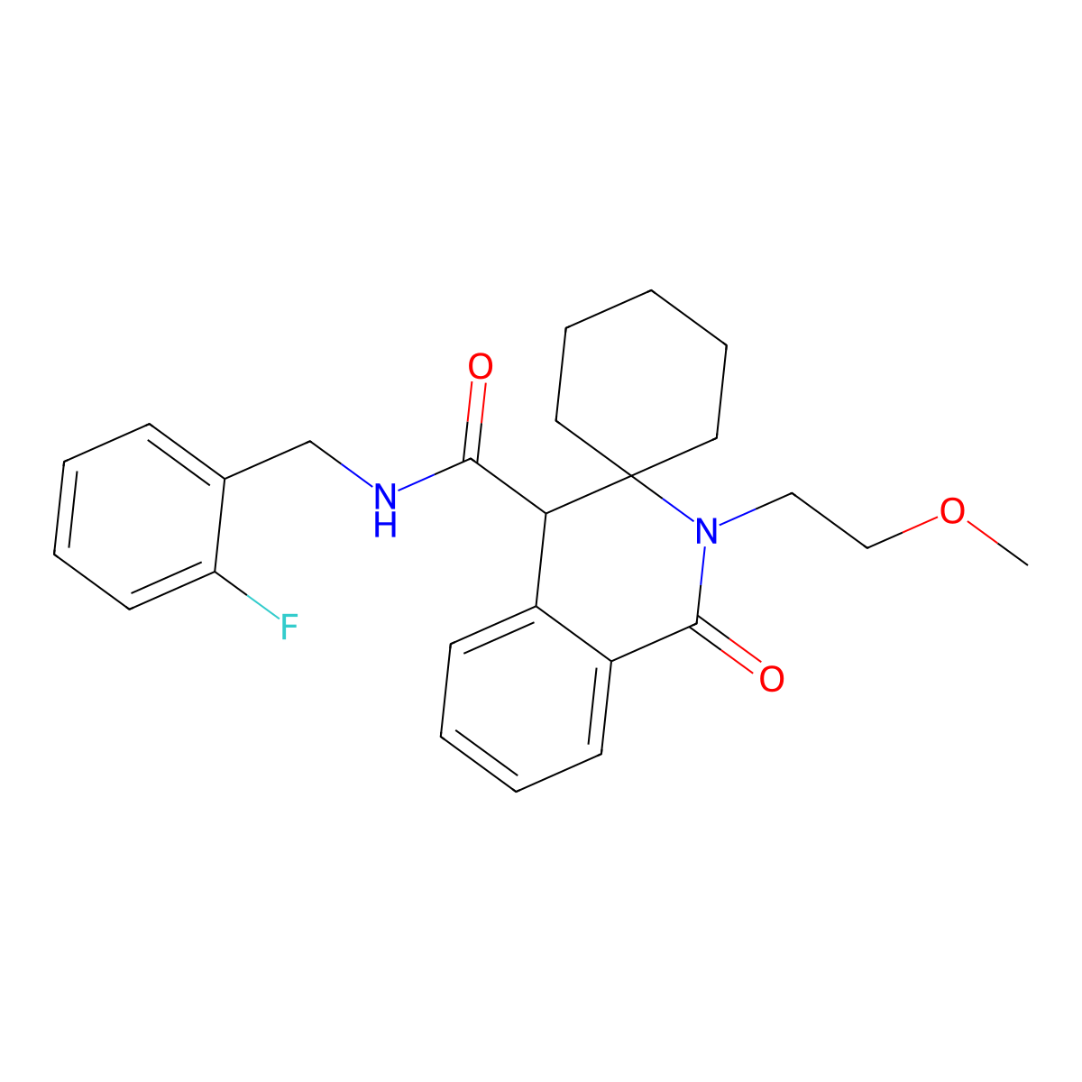 N-(2-fluorobenzyl)-2'-(2-methoxyethyl)-1'-oxo-1',4'-dihydro-2'H-spiro[cyclohexane-1,3'-isoquinoline]-4'-carboxamide molecular structure, CAS 1401529-14-3