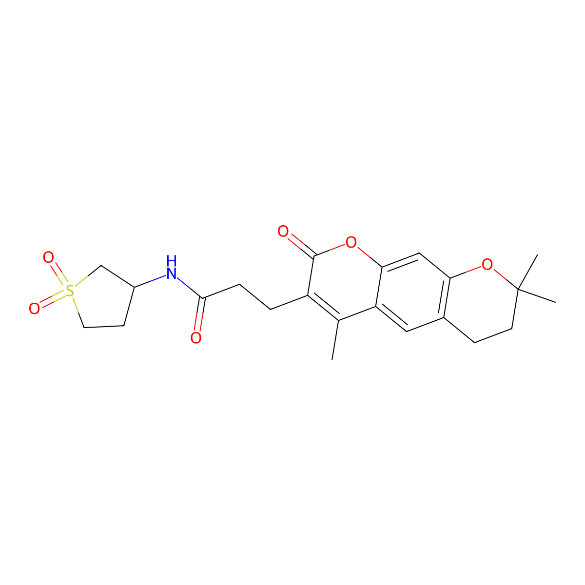 N-(1,1-dioxidotetrahydrothiophen-3-yl)-3-(4,8,8-trimethyl-2-oxo-7,8-dihydro-2H,6H-pyrano[3,2-g]chromen-3-yl)propanamide molecular structure, CAS 1401529-88-1