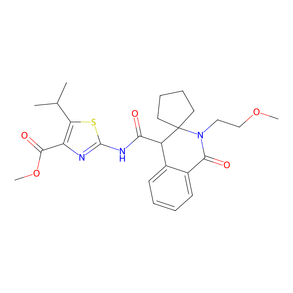 methyl 5-isopropyl-2-(2'-(2-methoxyethyl)-1'-oxo-2',4'-dihydro-1'H-spiro[cyclopentane-1,3'-isoquinolin]-4'-ylcarboxamido)thiazole-4-carboxylate molecular structure, CAS 1401529-89-2