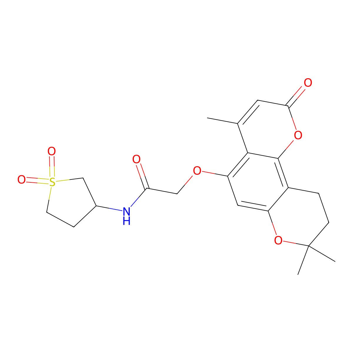 N-(1,1-dioxidotetrahydrothiophen-3-yl)-2-[(4,8,8-trimethyl-2-oxo-9,10-dihydro-2H,8H-pyrano[2,3-f]chromen-5-yl)oxy]acetamide molecular structure, CAS 1401529-95-0