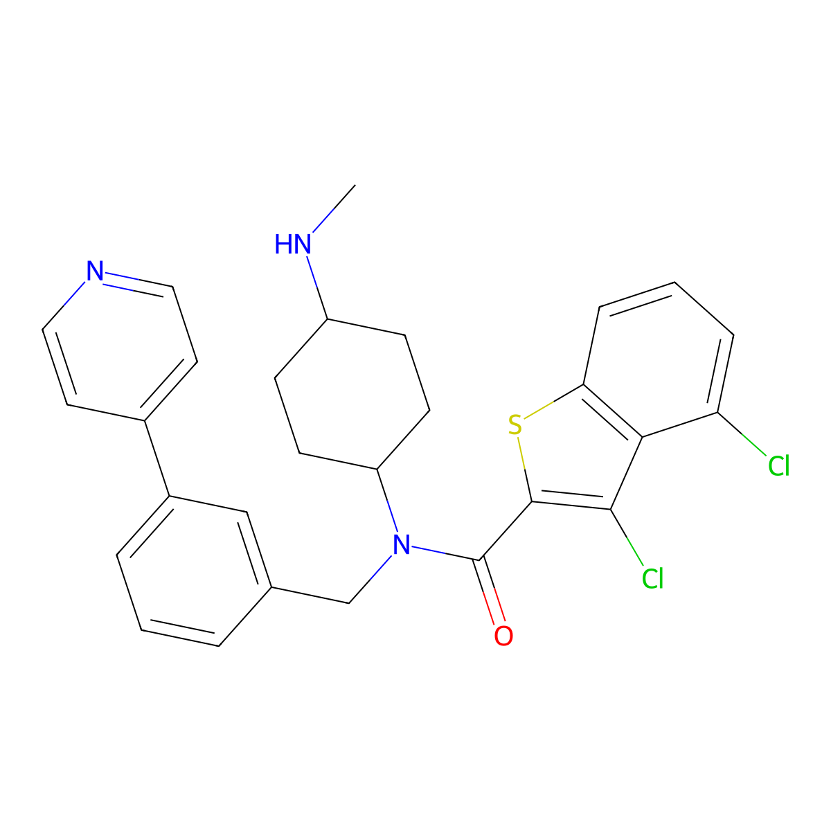3,4-dichloro-N-[4-(methylamino)cyclohexyl]-N-[(3-pyridin-4-ylphenyl)methyl]-1-benzothiophene-2-carboxamide molecular structure, CAS 1401532-77-1