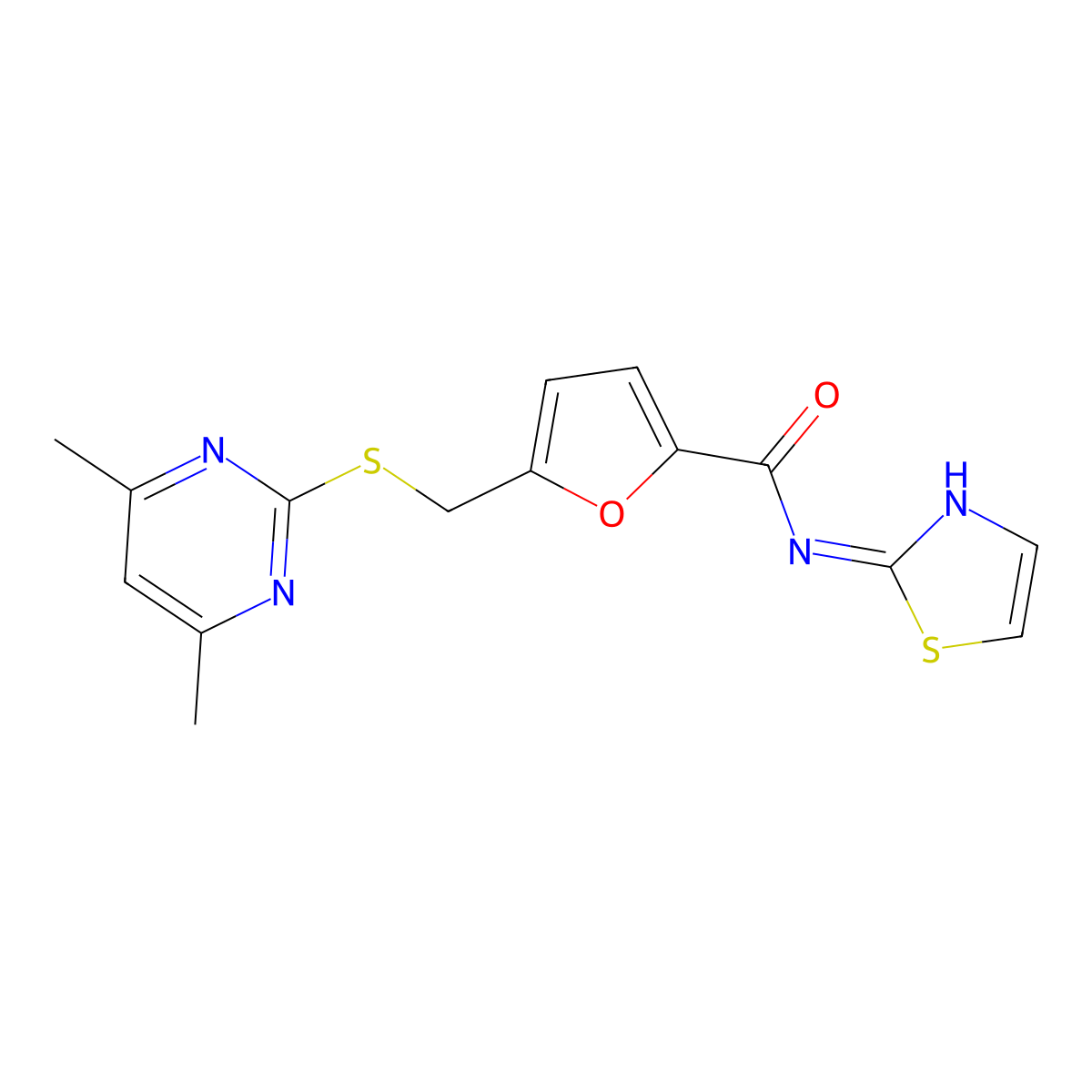 5-(((4,6-dimethylpyrimidin-2-yl)thio)methyl)-N-(thiazol-2-yl)furan-2-carboxamide molecular structure, CAS 1401533-50-3