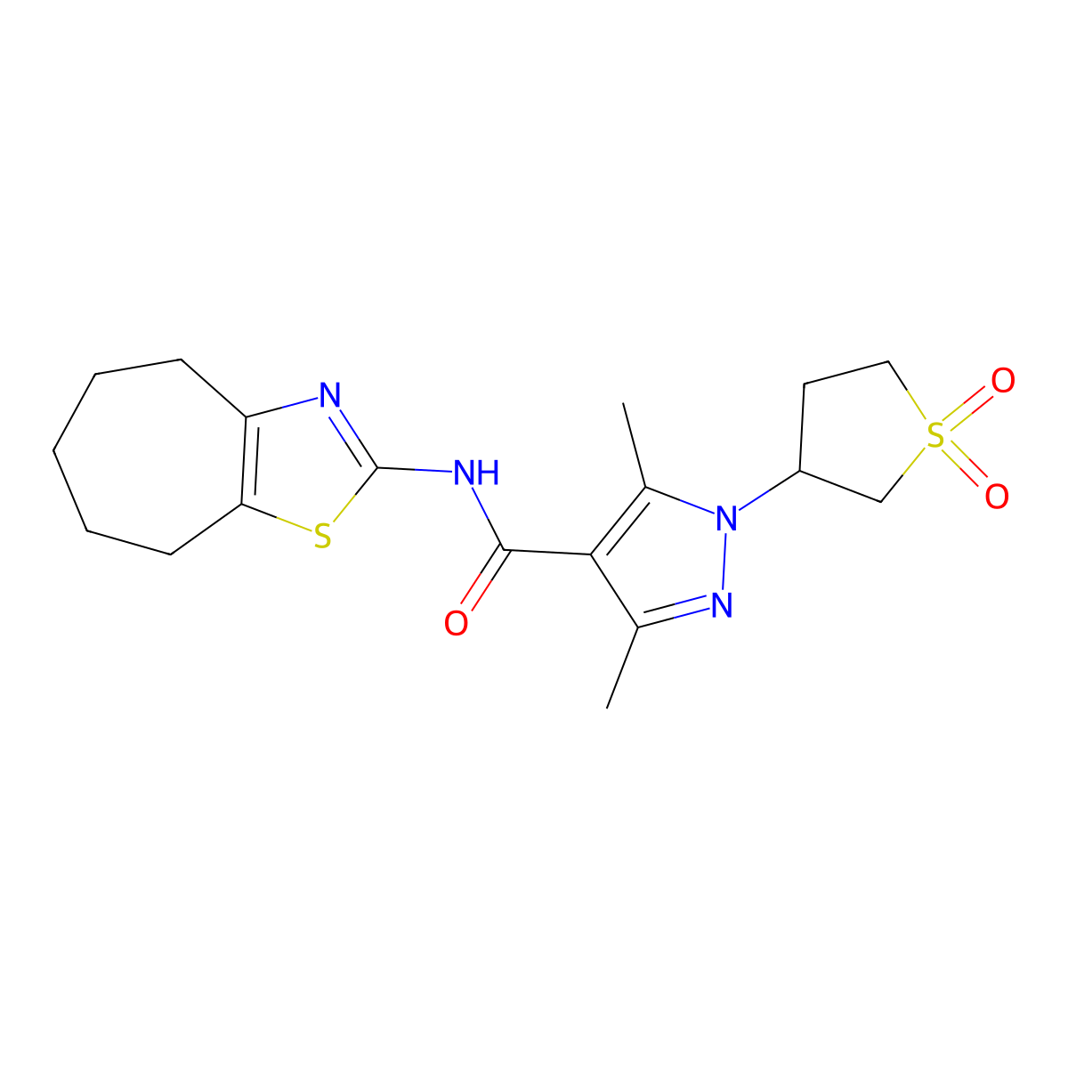 1-(1,1-dioxidotetrahydrothiophen-3-yl)-3,5-dimethyl-N-(5,6,7,8-tetrahydro-4H-cyclohepta[d][1,3]thiazol-2-yl)-1H-pyrazole-4-carboxamide molecular structure, CAS 1401533-55-8