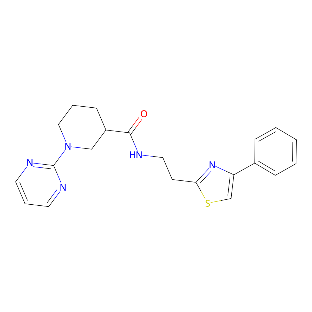 N-[2-(4-phenyl-1,3-thiazol-2-yl)ethyl]-1-(2-pyrimidinyl)-3-piperidinecarboxamide molecular structure, CAS 1401533-59-2