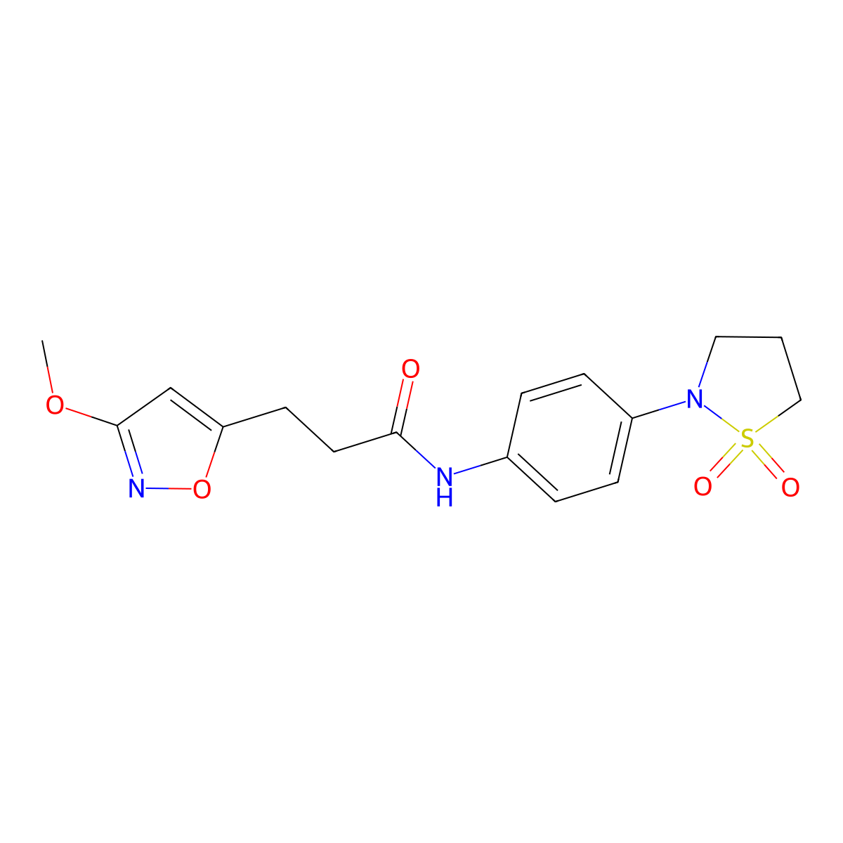 N-[4-(1,1-dioxido-1,2-thiazolidin-2-yl)phenyl]-3-(3-methoxy-1,2-oxazol-5-yl)propanamide molecular structure, CAS 1401533-69-4