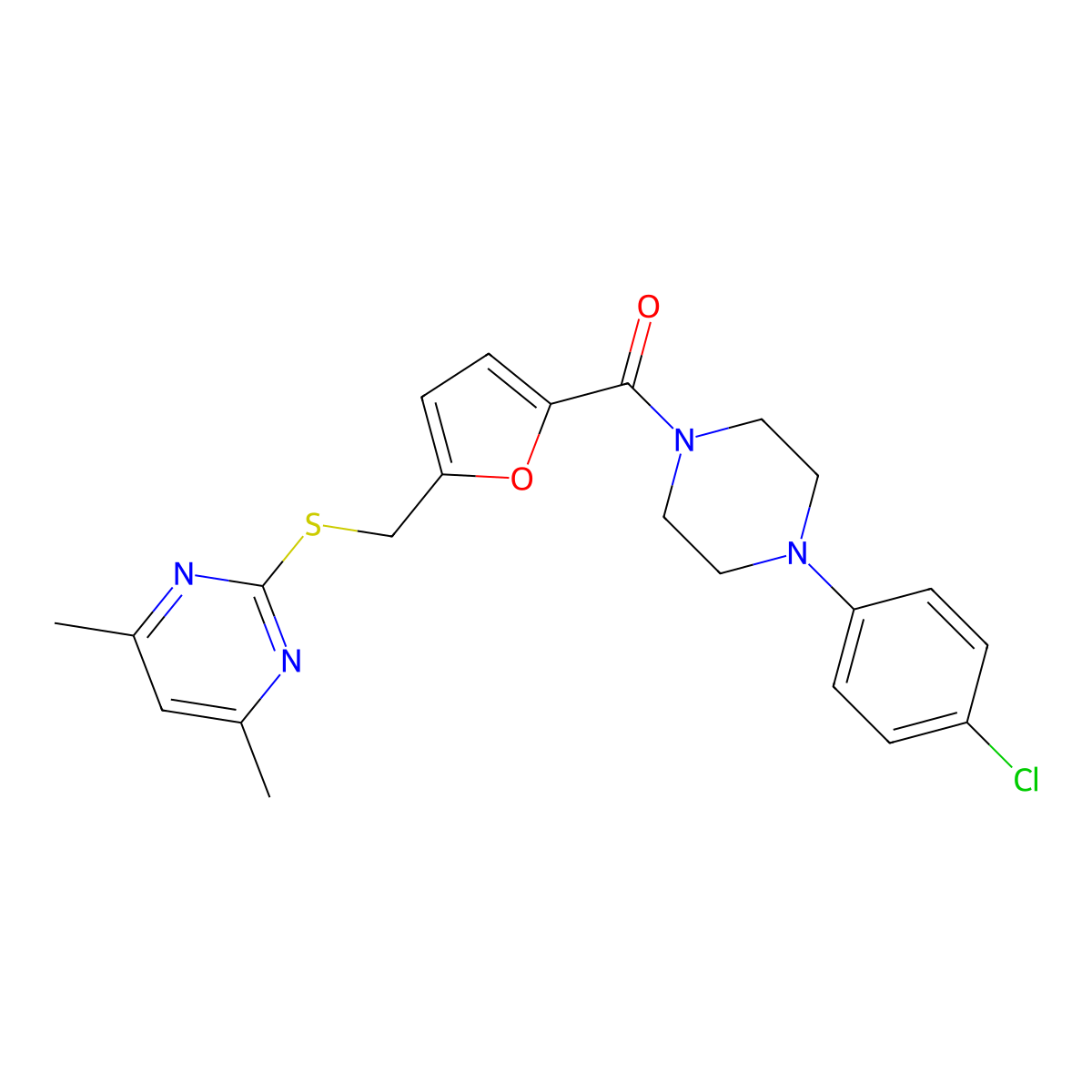 [4-(4-Chlorophenyl)piperazin-1-yl](5-{[(4,6-dimethylpyrimidin-2-yl)sulfanyl]methyl}furan-2-yl)methanone molecular structure, CAS 1401533-74-1