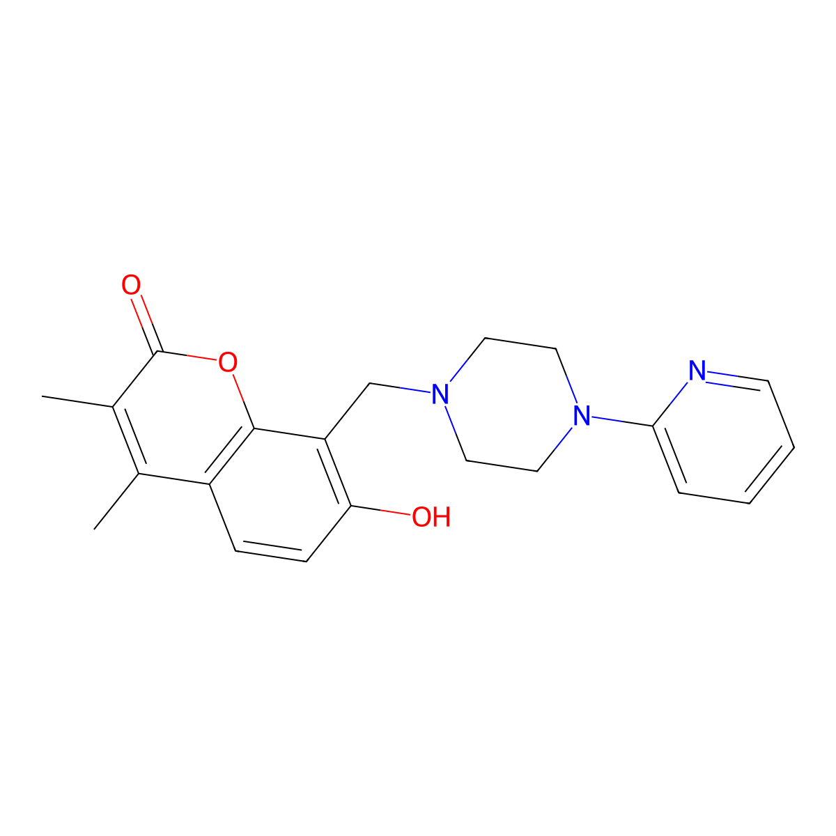 7-hydroxy-3,4-dimethyl-8-{[4-(pyridin-2-yl)piperazin-1-yl]methyl}-2H-chromen-2-one molecular structure, CAS 1401534-84-6