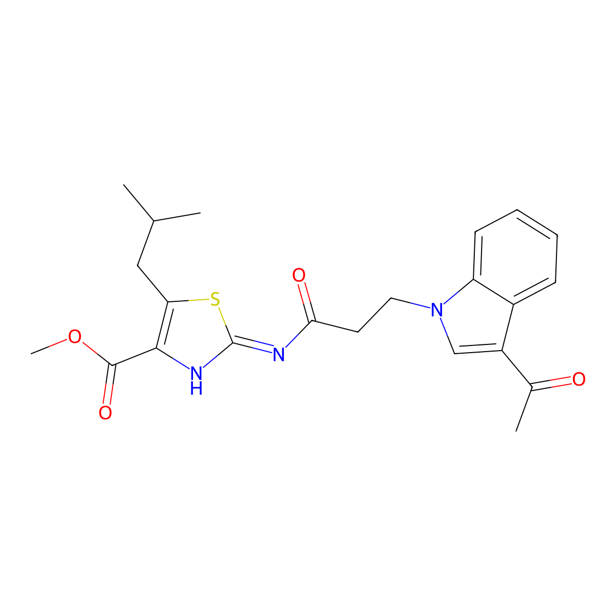 methyl (2Z)-2-{[3-(3-acetyl-1H-indol-1-yl)propanoyl]imino}-5-(2-methylpropyl)-2,3-dihydro-1,3-thiazole-4-carboxylate molecular structure, CAS 1401535-38-3
