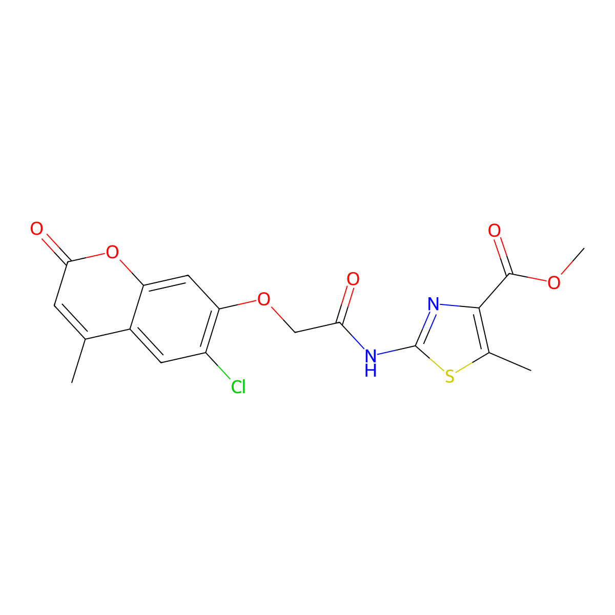methyl 2-({[(6-chloro-4-methyl-2-oxo-2H-chromen-7-yl)oxy]acetyl}amino)-5-methyl-1,3-thiazole-4-carboxylate molecular structure, CAS 1401535-82-7