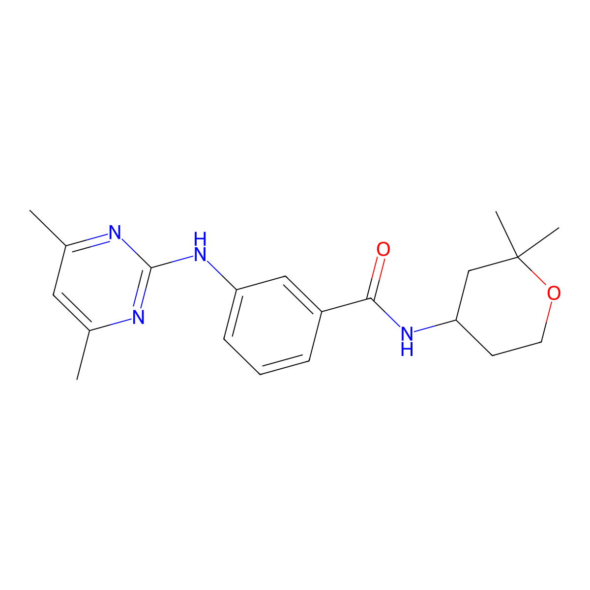 3-((4,6-dimethylpyrimidin-2-yl)amino)-N-(2,2-dimethyltetrahydro-2H-pyran-4-yl)benzamide molecular structure, CAS 1401535-89-4