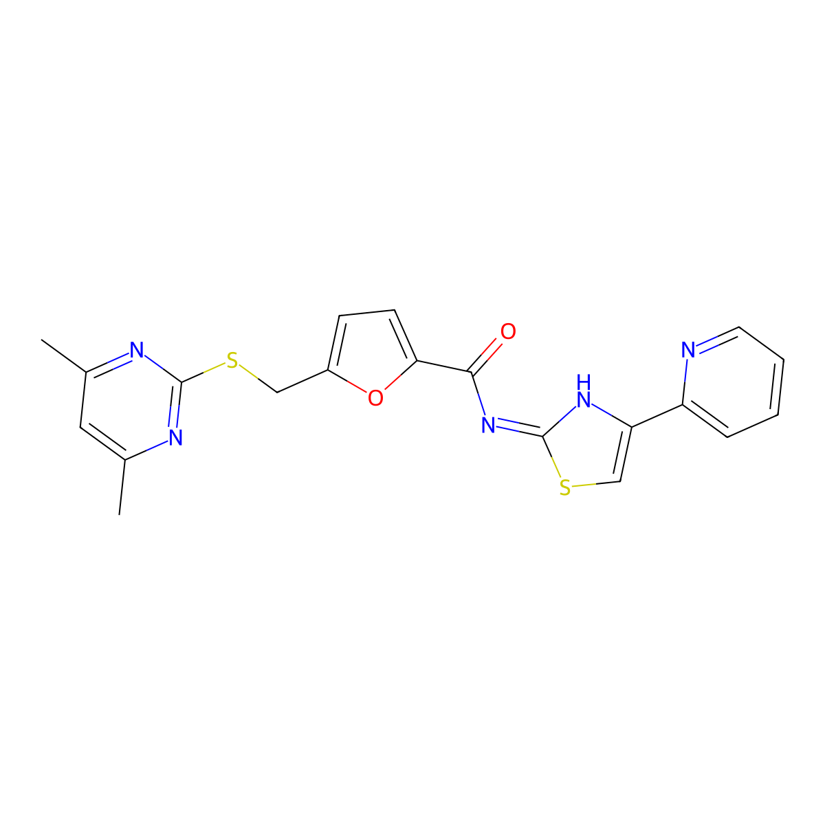 5-(((4,6-dimethylpyrimidin-2-yl)thio)methyl)-N-(4-(pyridin-2-yl)thiazol-2-yl)furan-2-carboxamide molecular structure, CAS 1401536-56-8