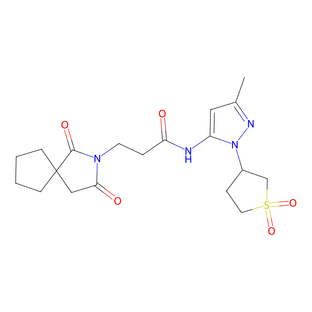 N-[1-(1,1-dioxidotetrahydrothiophen-3-yl)-3-methyl-1H-pyrazol-5-yl]-3-(1,3-dioxo-2-azaspiro[4.4]non-2-yl)propanamide molecular structure, CAS 1401536-76-2