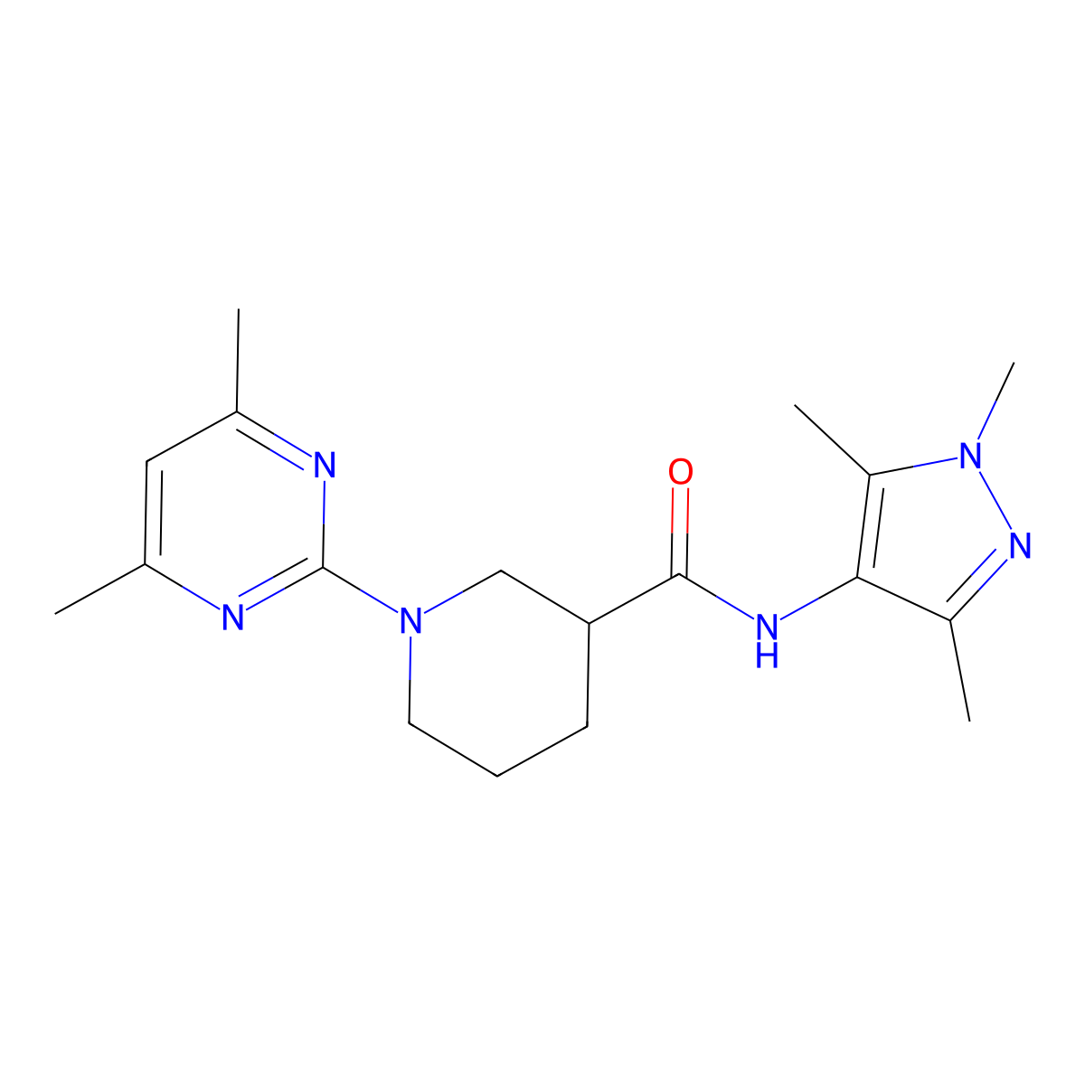 1-(4,6-dimethylpyrimidin-2-yl)-N-(1,3,5-trimethyl-1H-pyrazol-4-yl)piperidine-3-carboxamide molecular structure, CAS 1401537-31-2