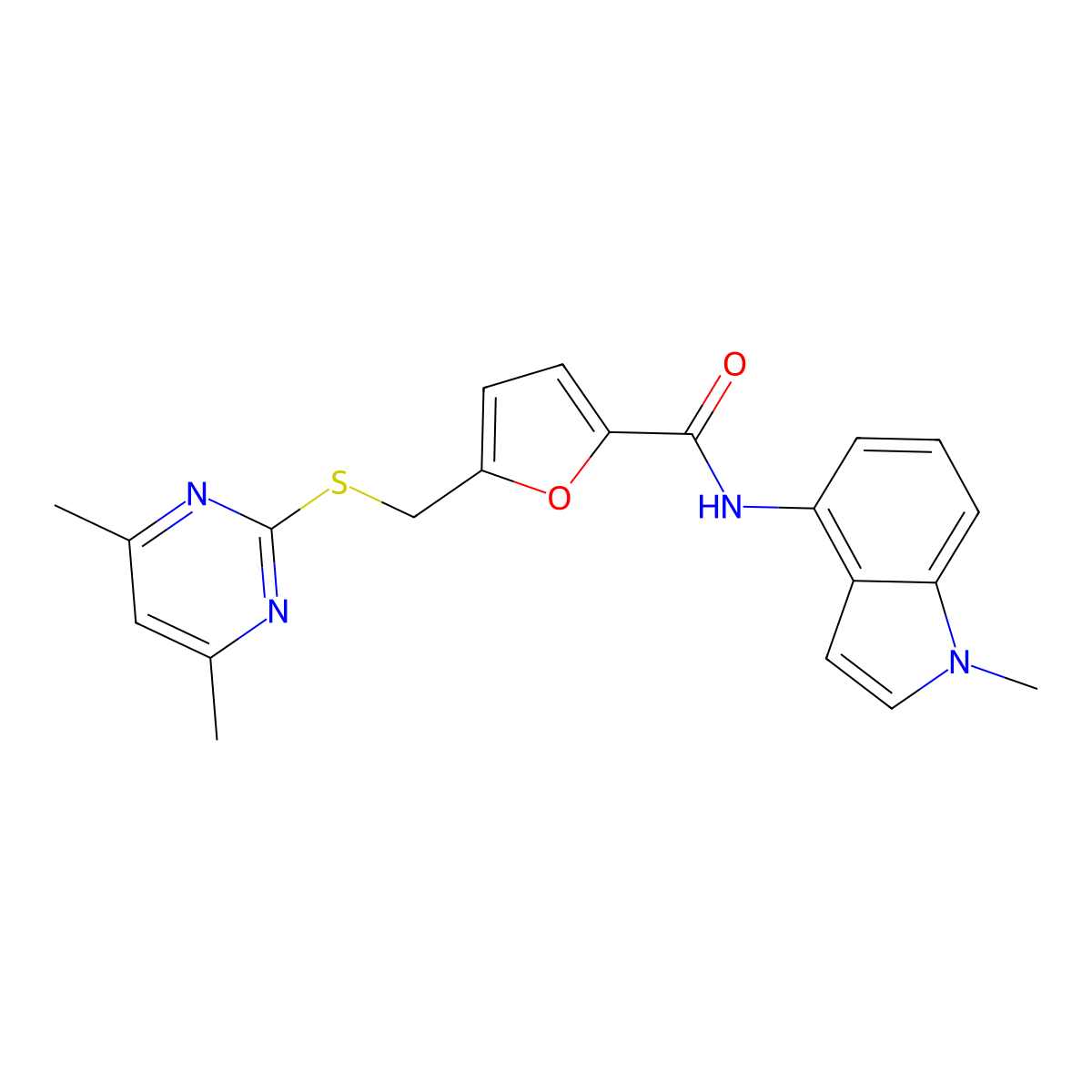 5-{[(4,6-dimethylpyrimidin-2-yl)sulfanyl]methyl}-N-(1-methyl-1H-indol-4-yl)furan-2-carboxamide molecular structure, CAS 1401539-68-1