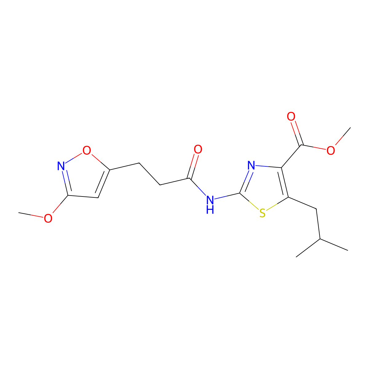 Methyl 2-{[3-(3-methoxy-1,2-oxazol-5-yl)propanoyl]amino}-5-(2-methylpropyl)-1,3-thiazole-4-carboxylate molecular structure, CAS 1401539-73-8