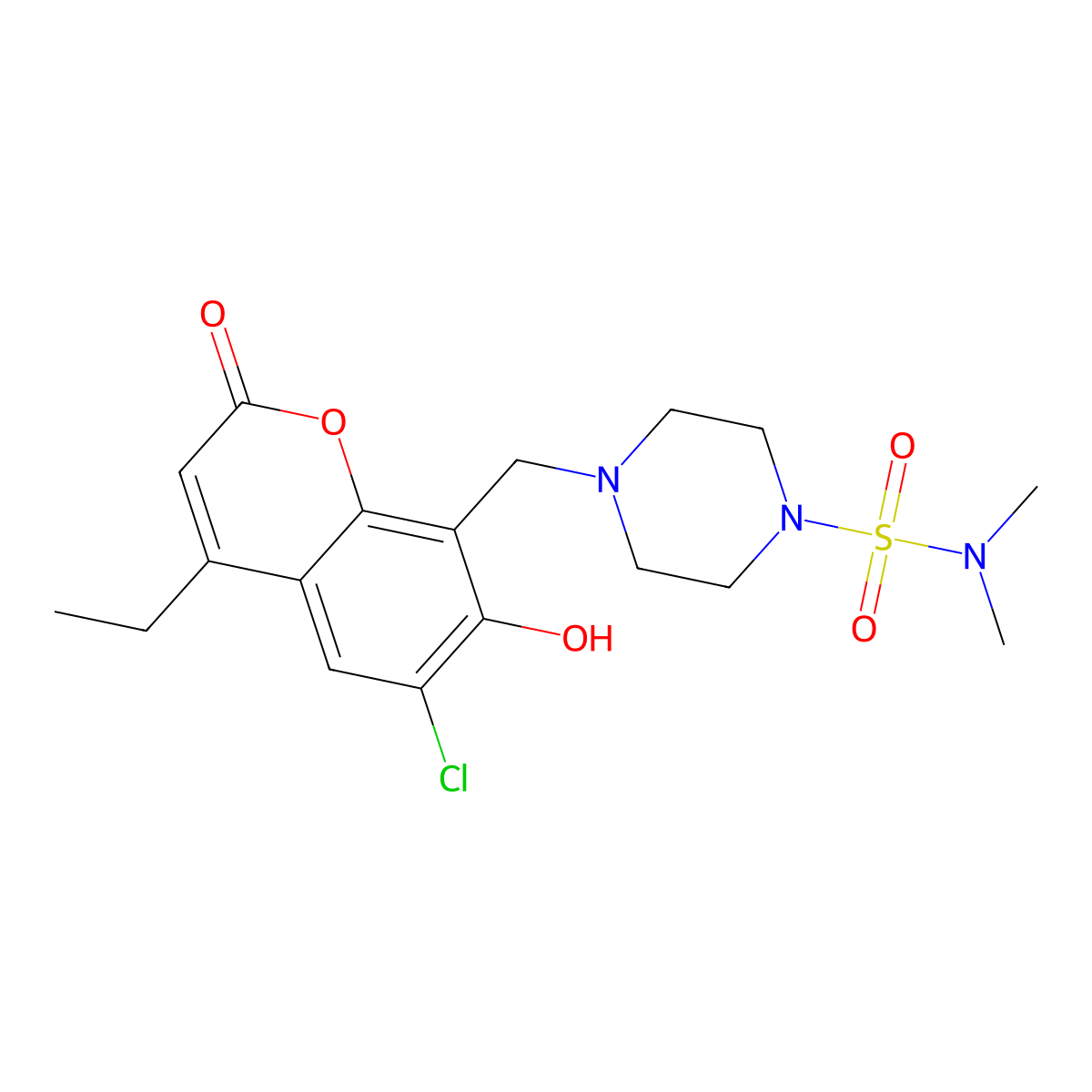 4-[(6-chloro-4-ethyl-7-hydroxy-2-oxo-2H-chromen-8-yl)methyl]-N,N-dimethylpiperazine-1-sulfonamide molecular structure, CAS 1401539-84-1