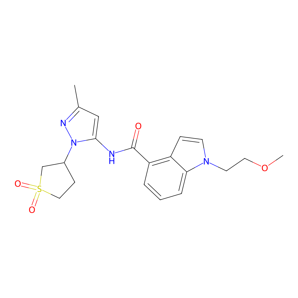 N-[1-(1,1-dioxidotetrahydrothiophen-3-yl)-3-methyl-1H-pyrazol-5-yl]-1-(2-methoxyethyl)-1H-indole-4-carboxamide molecular structure, CAS 1401540-09-7