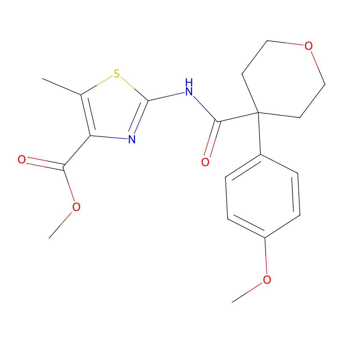 methyl 2-({[4-(4-methoxyphenyl)tetrahydro-2H-pyran-4-yl]carbonyl}amino)-5-methyl-1,3-thiazole-4-carboxylate molecular structure, CAS 1401540-20-2
