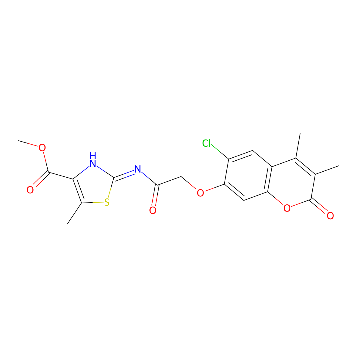 methyl 2-({[(6-chloro-3,4-dimethyl-2-oxo-2H-chromen-7-yl)oxy]acetyl}amino)-5-methyl-1,3-thiazole-4-carboxylate molecular structure, CAS 1401540-43-9