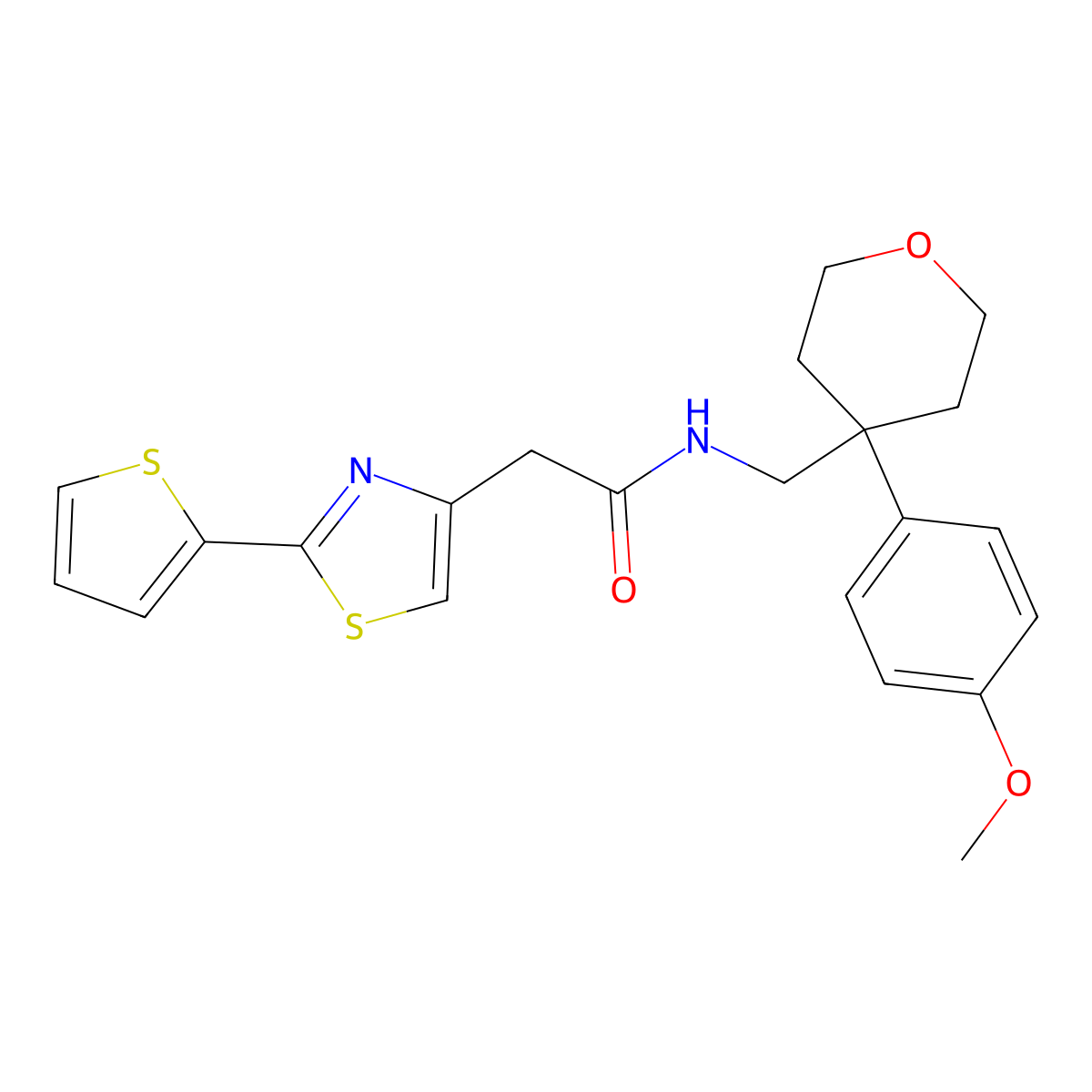 N-{[4-(4-methoxyphenyl)tetrahydro-2H-pyran-4-yl]methyl}-2-[2-(thiophen-2-yl)-1,3-thiazol-4-yl]acetamide molecular structure, CAS 1401540-51-9