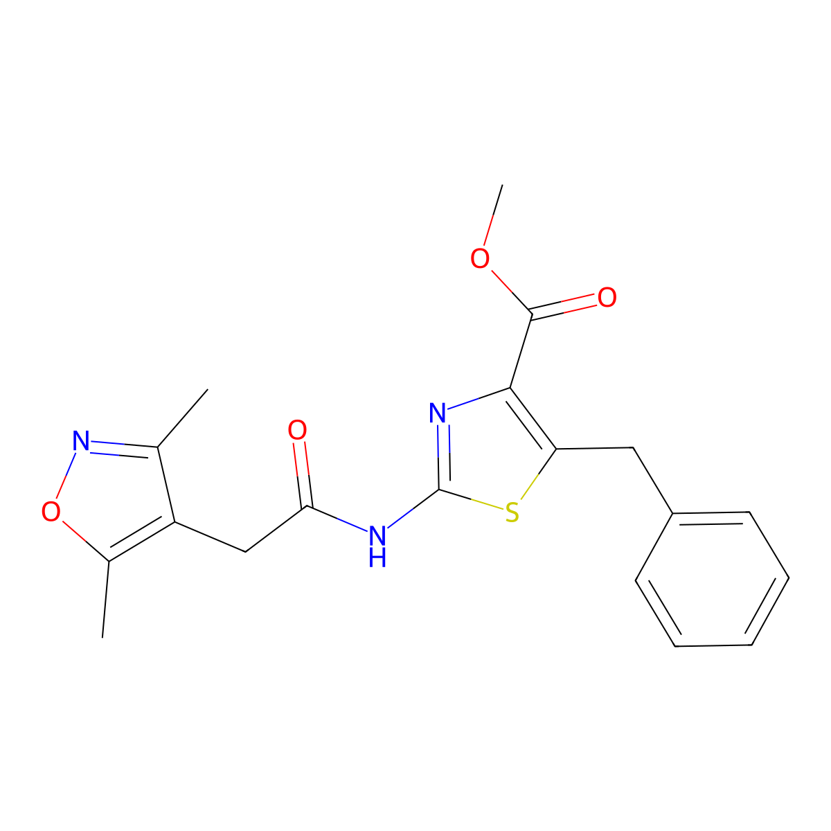 methyl (2E)-5-benzyl-2-{[(3,5-dimethyl-1,2-oxazol-4-yl)acetyl]imino}-2,3-dihydro-1,3-thiazole-4-carboxylate molecular structure, CAS 1401541-38-5