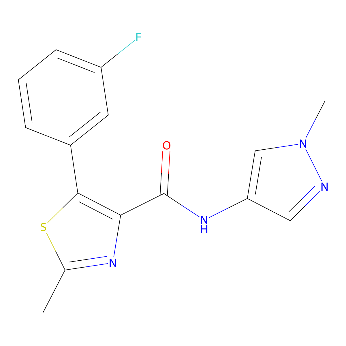 5-(3-fluorophenyl)-2-methyl-N-(1-methyl-1H-pyrazol-4-yl)-1,3-thiazole-4-carboxamide molecular structure, CAS 1401541-65-8