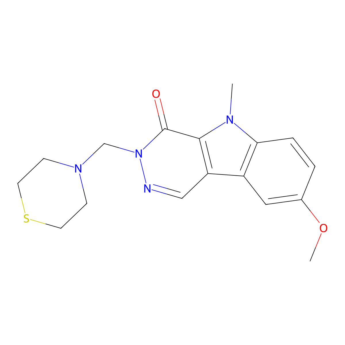 8-methoxy-5-methyl-3-(thiomorpholin-4-ylmethyl)-3,5-dihydro-4H-pyridazino[4,5-b]indol-4-one molecular structure, CAS 1401541-66-9