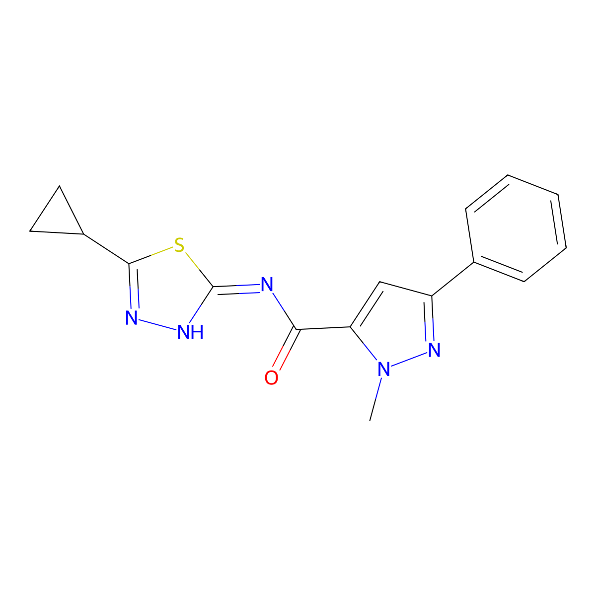N-(5-cyclopropyl-1,3,4-thiadiazol-2-yl)-1-methyl-3-phenyl-1H-pyrazole-5-carboxamide molecular structure, CAS 1401541-85-2