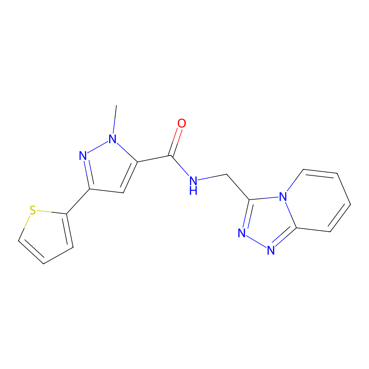 1-methyl-3-(thiophen-2-yl)-N-([1,2,4]triazolo[4,3-a]pyridin-3-ylmethyl)-1H-pyrazole-5-carboxamide molecular structure, CAS 1401542-00-4