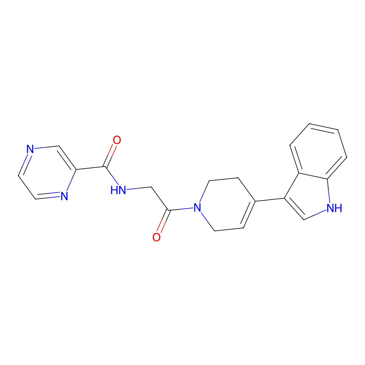 N-{2-[4-(1H-indol-3-yl)-3,6-dihydro-1(2H)-pyridinyl]-2-oxoethyl}-2-pyrazinecarboxamide molecular structure, CAS 1401542-03-7