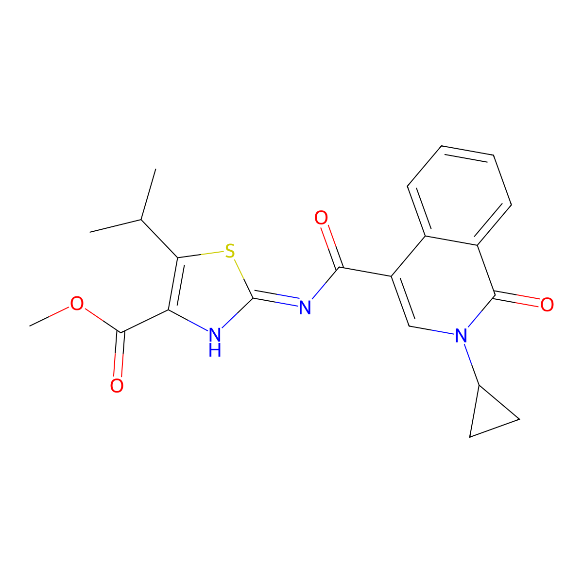 Methyl 2-{[(2-cyclopropyl-1-oxo-1,2-dihydroisoquinolin-4-yl)carbonyl]amino}-5-(propan-2-yl)-1,3-thiazole-4-carboxylate molecular structure, CAS 1401542-09-3