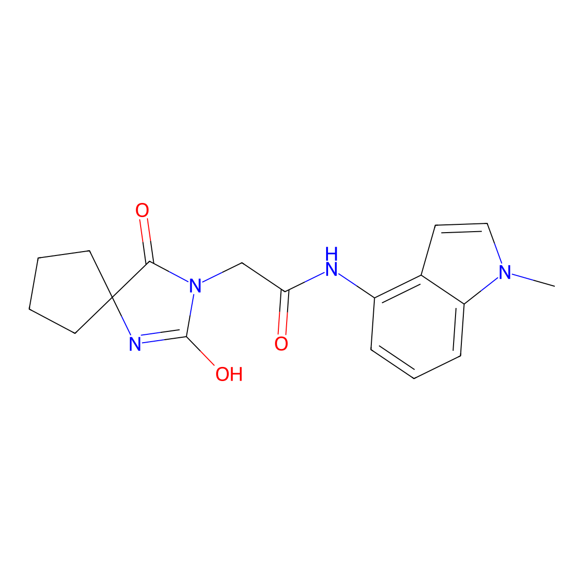 2-(2,4-dioxo-1,3-diazaspiro[4.4]non-3-yl)-N-(1-methyl-1H-indol-4-yl)acetamide molecular structure, CAS 1401542-12-8