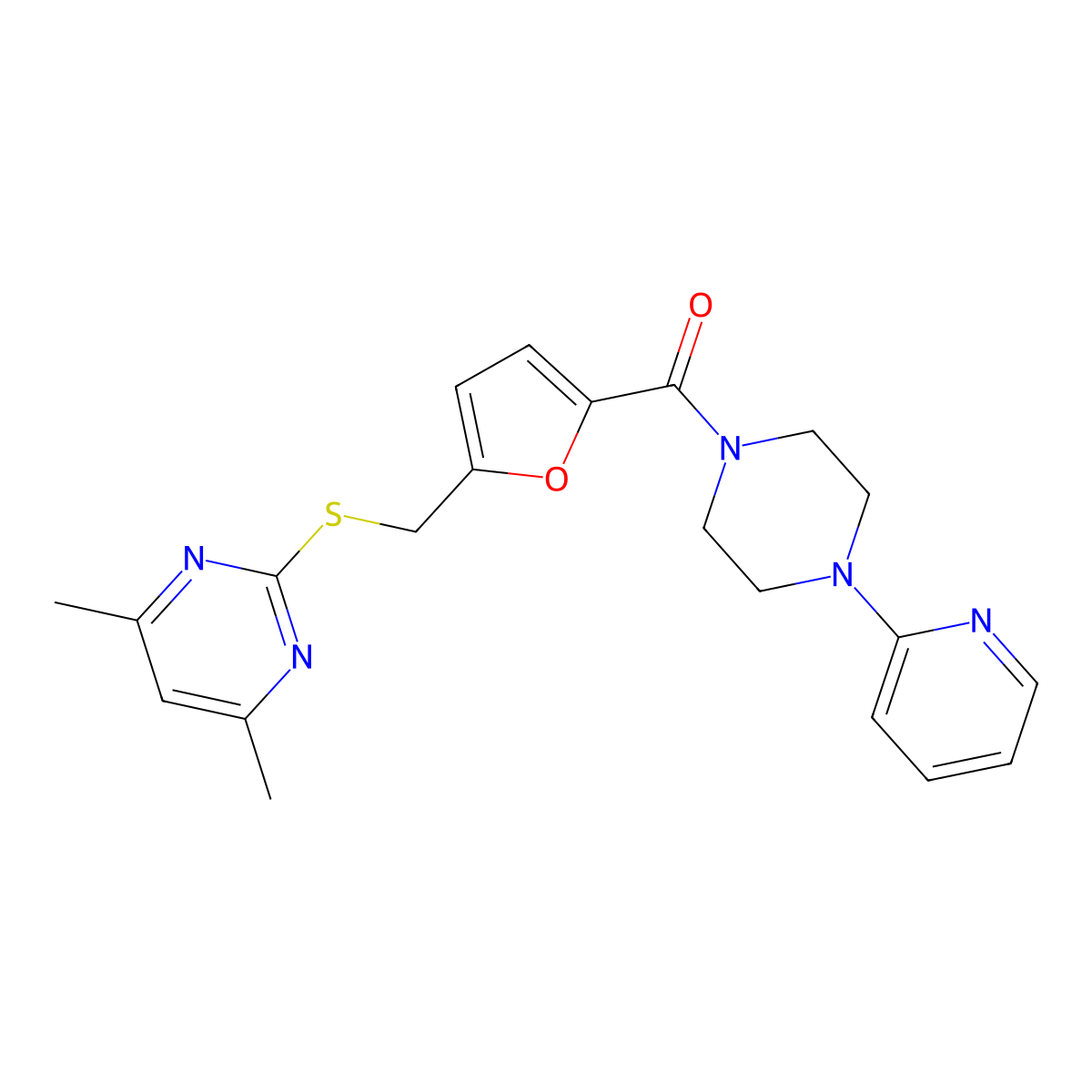 (5-{[(4,6-Dimethylpyrimidin-2-yl)sulfanyl]methyl}furan-2-yl)[4-(pyridin-2-yl)piperazin-1-yl]methanone molecular structure, CAS 1401542-15-1