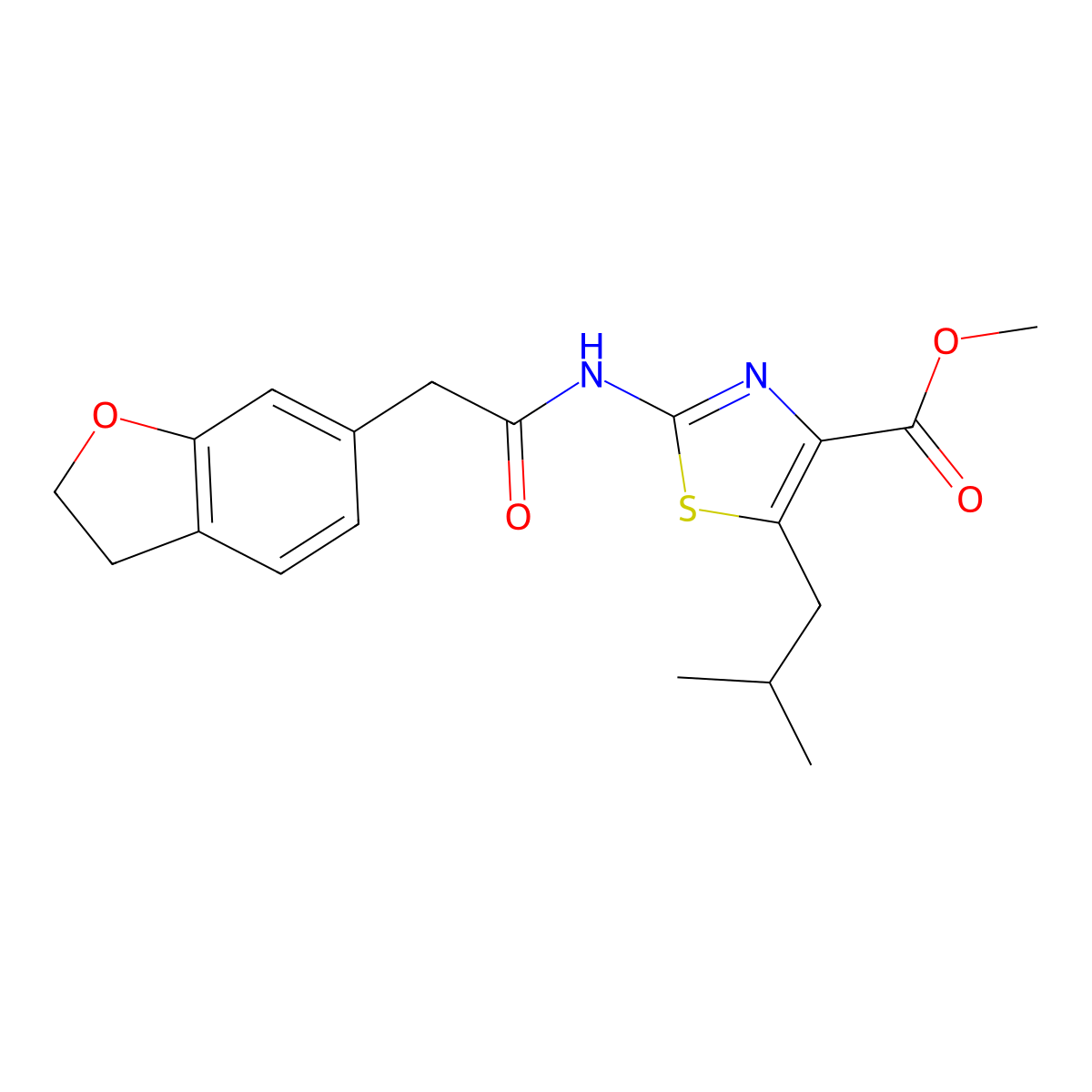 Methyl 2-[(2,3-dihydro-1-benzofuran-6-ylacetyl)amino]-5-(2-methylpropyl)-1,3-thiazole-4-carboxylate molecular structure, CAS 1401542-24-2