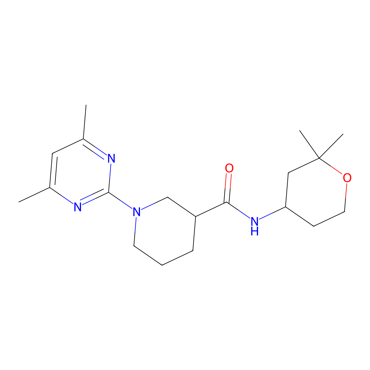 1-(4,6-dimethyl-2-pyrimidinyl)-N-(2,2-dimethyltetrahydro-2H-pyran-4-yl)-3-piperidinecarboxamide molecular structure, CAS 1401542-45-7