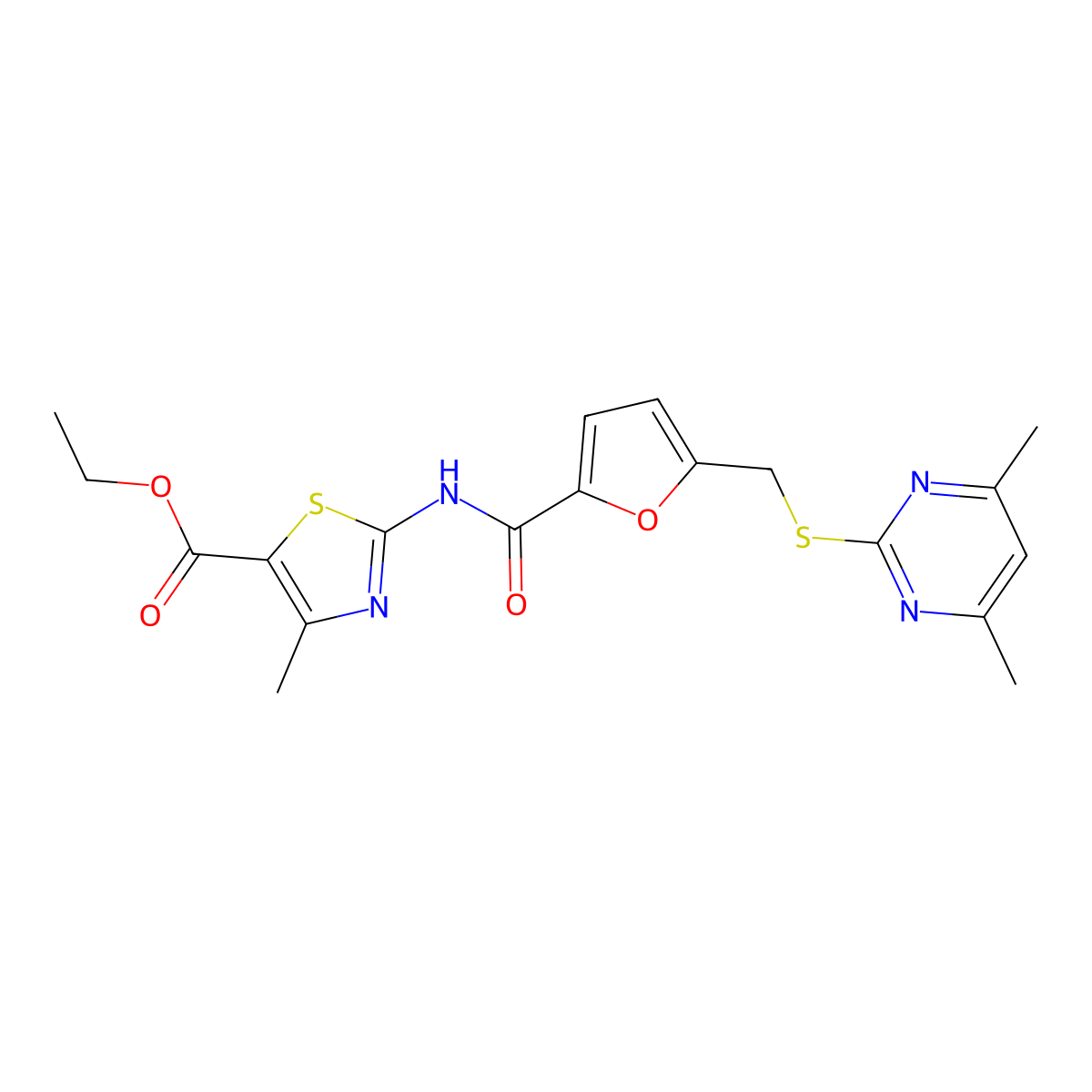 Ethyl 2-{[(5-{[(4,6-dimethylpyrimidin-2-yl)sulfanyl]methyl}furan-2-yl)carbonyl]amino}-4-methyl-1,3-thiazole-5-carboxylate molecular structure, CAS 1401542-66-2