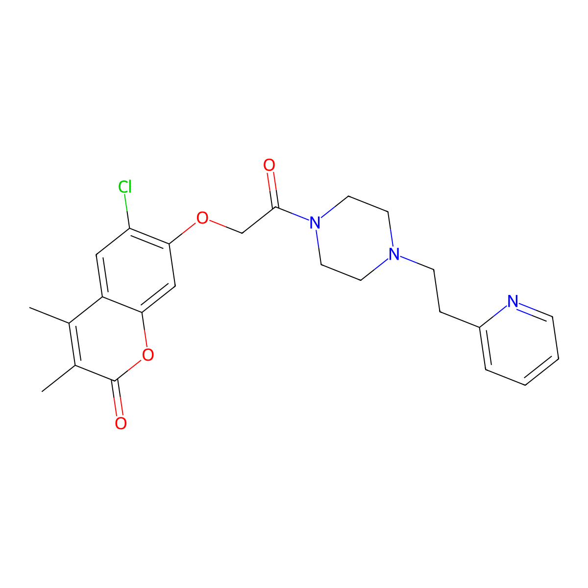 6-chloro-3,4-dimethyl-7-(2-oxo-2-{4-[2-(2-pyridyl)ethyl]piperazino}ethoxy)-2H-chromen-2-one molecular structure, CAS 1401542-70-8