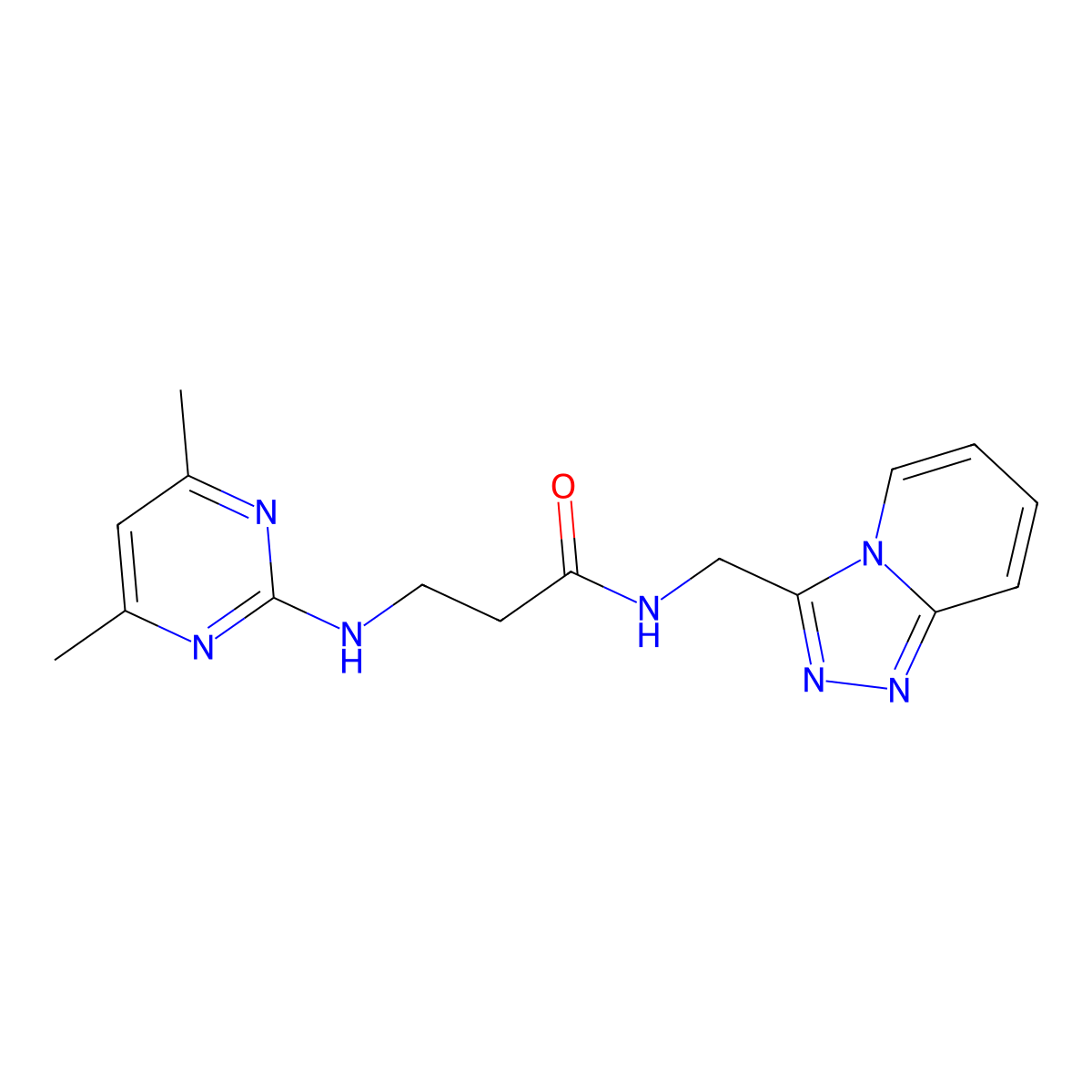 3-[(4,6-dimethyl-2-pyrimidinyl)amino]-N-([1,2,4]triazolo[4,3-a]pyridin-3-ylmethyl)propanamide molecular structure, CAS 1401542-80-0