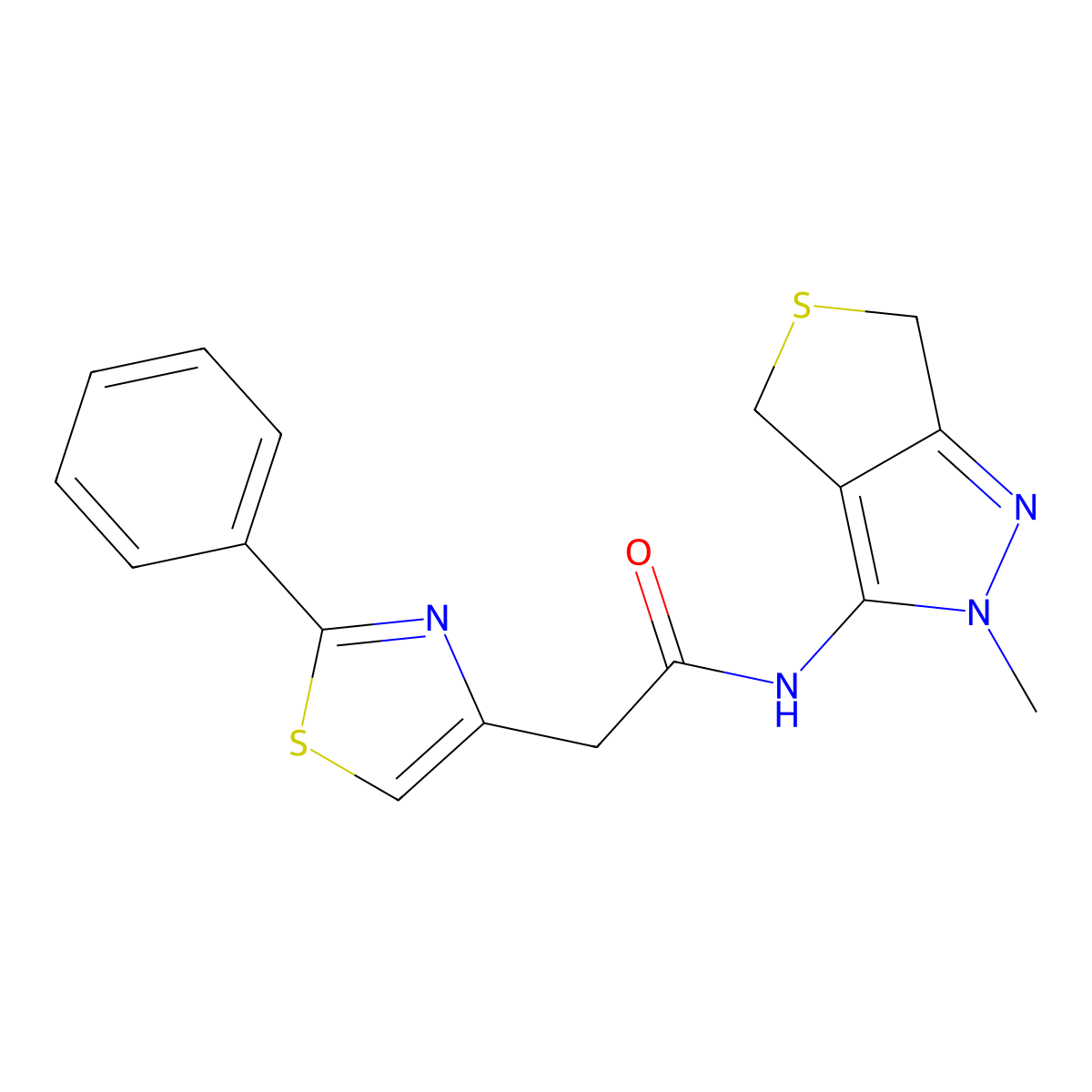 N-(2-methyl-2,6-dihydro-4H-thieno[3,4-c]pyrazol-3-yl)-2-(2-phenyl-1,3-thiazol-4-yl)acetamide molecular structure, CAS 1401542-82-2