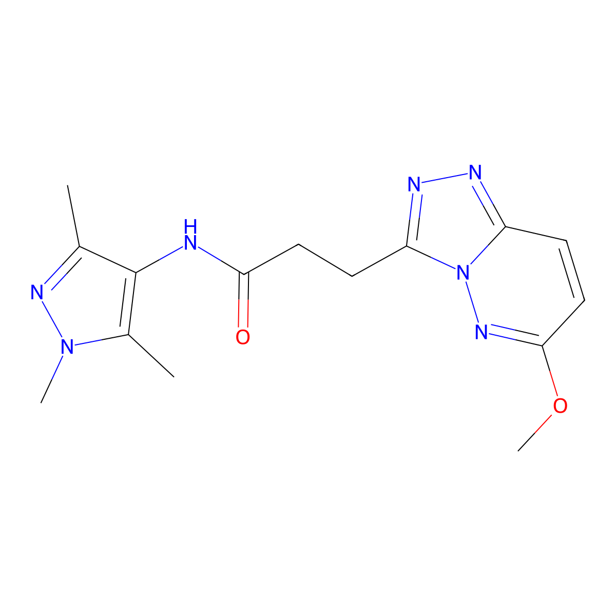 3-(6-methoxy-[1,2,4]triazolo[4,3-b]pyridazin-3-yl)-N-(1,3,5-trimethyl-1H-pyrazol-4-yl)propanamide molecular structure, CAS 1401542-98-0