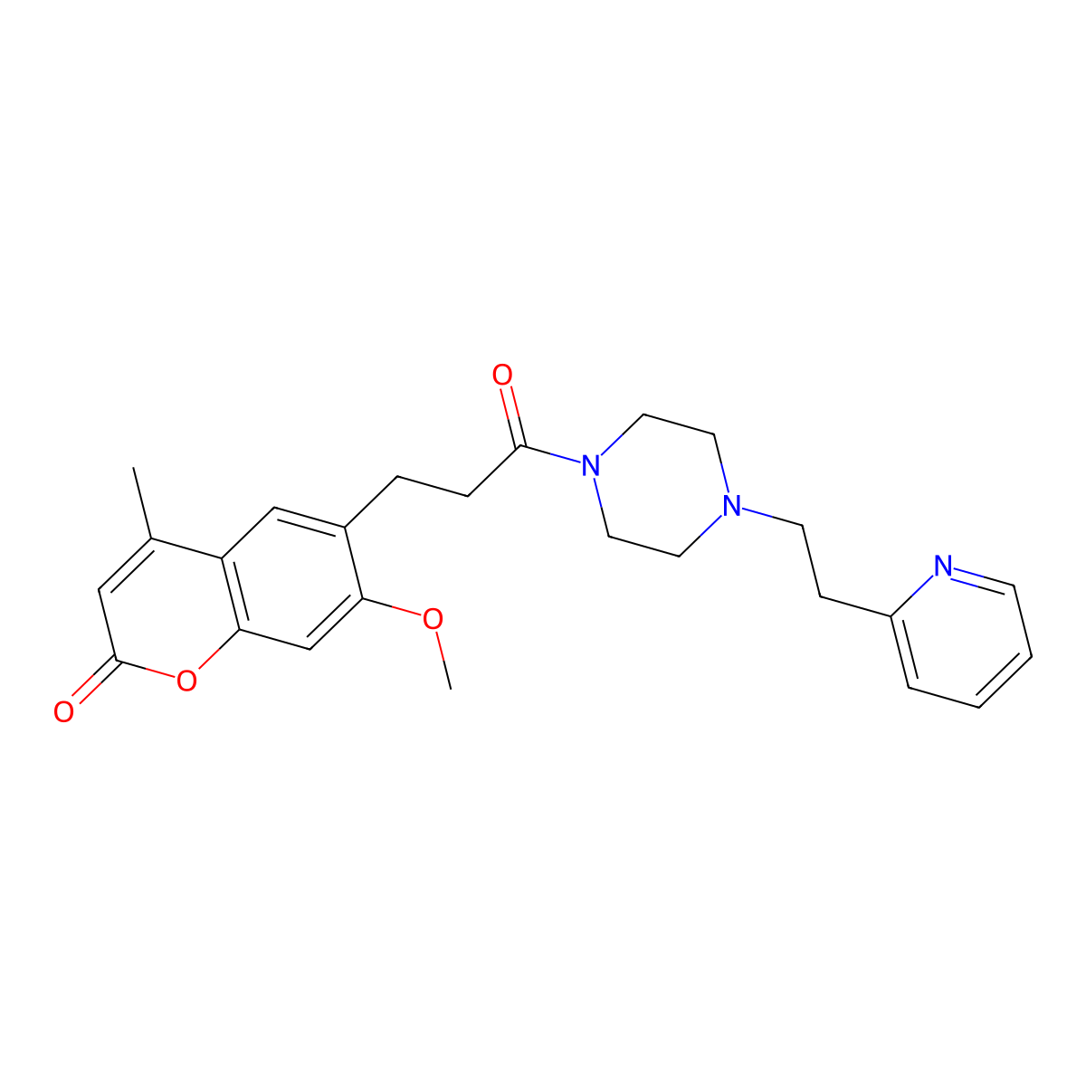 7-methoxy-4-methyl-6-(3-oxo-3-{4-[2-(2-pyridyl)ethyl]piperazino}propyl)-2H-chromen-2-one molecular structure, CAS 1401543-36-9
