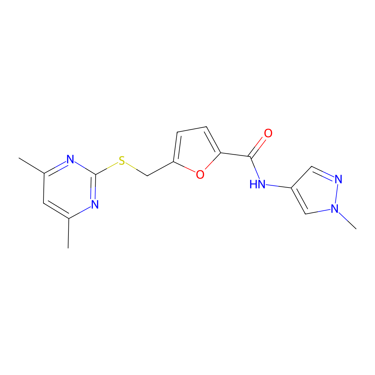 5-{[(4,6-dimethylpyrimidin-2-yl)sulfanyl]methyl}-N-(1-methyl-1H-pyrazol-4-yl)furan-2-carboxamide molecular structure, CAS 1401543-54-1