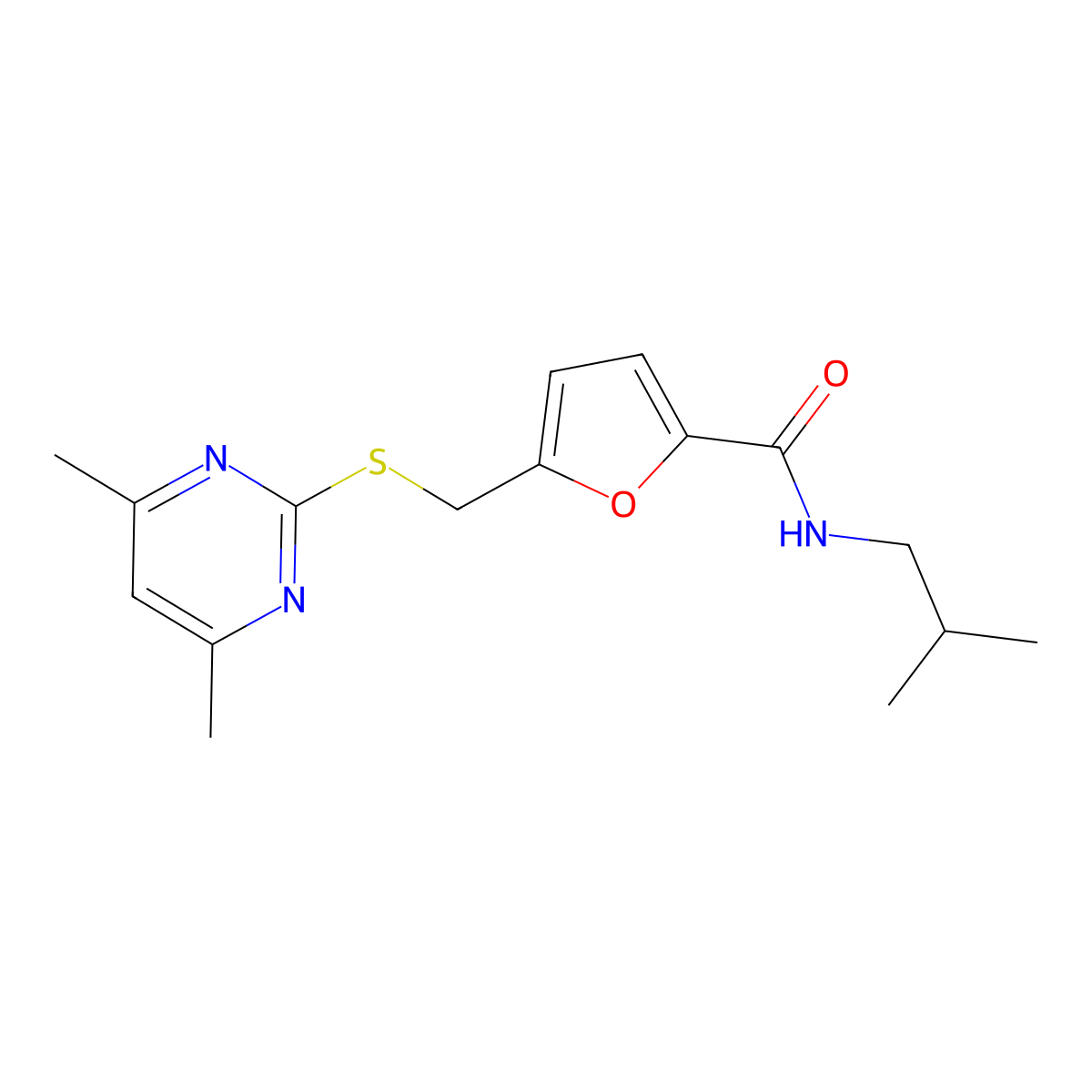 5-{[(4,6-dimethylpyrimidin-2-yl)sulfanyl]methyl}-N-(2-methylpropyl)furan-2-carboxamide molecular structure, CAS 1401543-68-7
