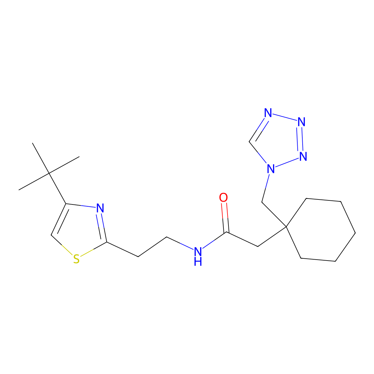 N-{2-[4-(tert-butyl)-1,3-thiazol-2-yl]ethyl}-2-[1-(1H-1,2,3,4-tetraazol-1-ylmethyl)cyclohexyl]acetamide molecular structure, CAS 1401543-81-4