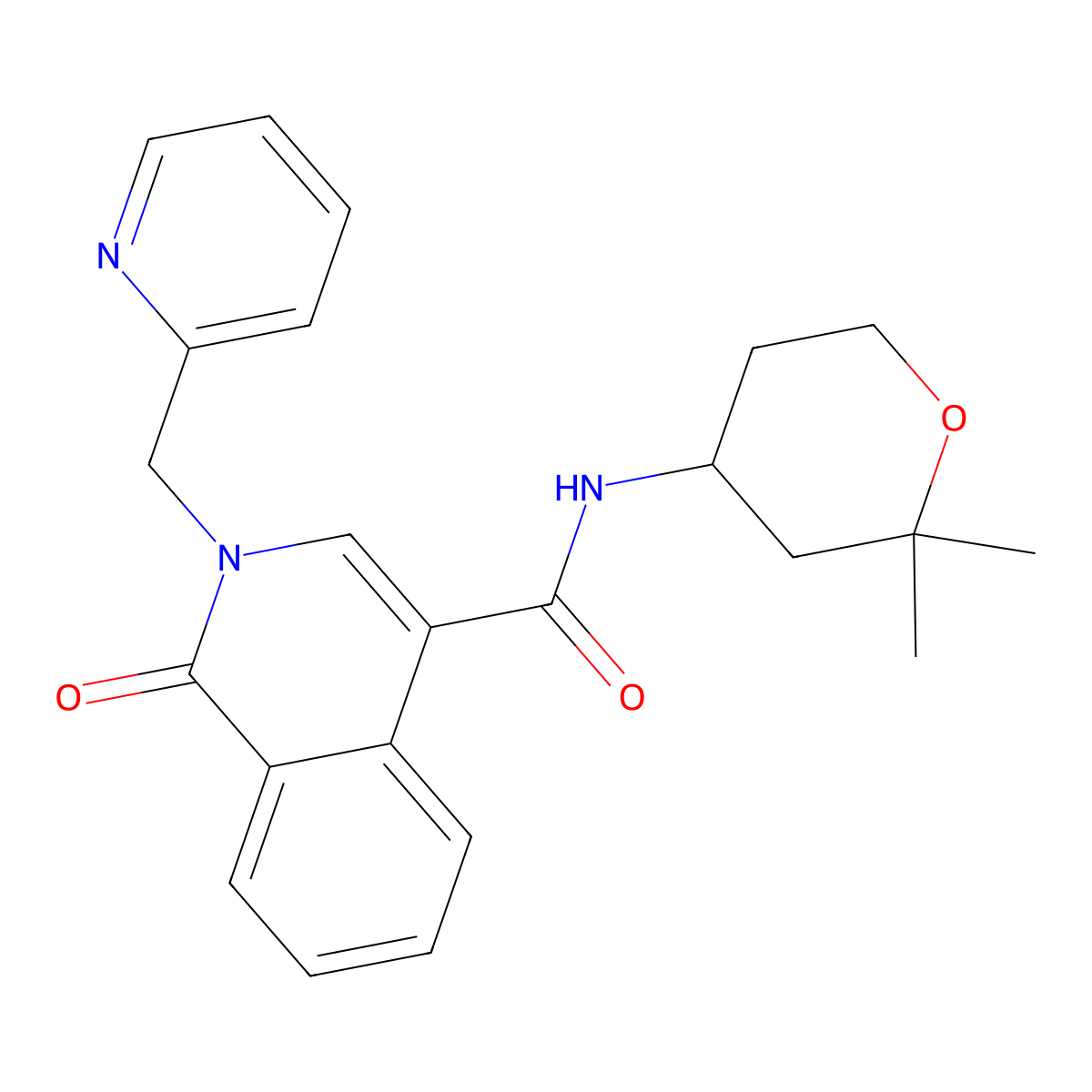 N-(2,2-dimethyltetrahydro-2H-pyran-4-yl)-1-oxo-2-(pyridin-2-ylmethyl)-1,2-dihydroisoquinoline-4-carboxamide molecular structure, CAS 1401544-51-1
