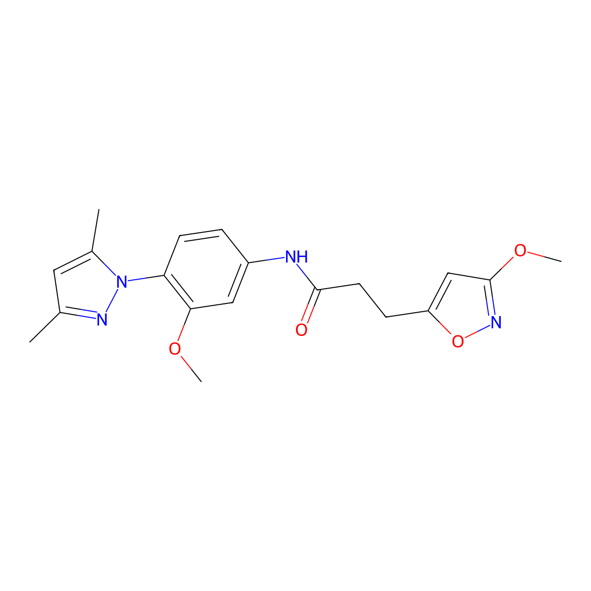 N-[4-(3,5-dimethyl-1H-pyrazol-1-yl)-3-methoxyphenyl]-3-(3-methoxy-1,2-oxazol-5-yl)propanamide molecular structure, CAS 1401556-74-8