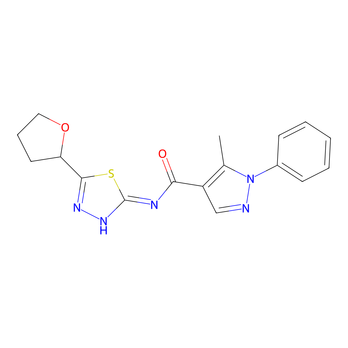 5-methyl-1-phenyl-N-(5-(tetrahydrofuran-2-yl)-1,3,4-thiadiazol-2-yl)-1H-pyrazole-4-carboxamide molecular structure, CAS 1401556-75-9